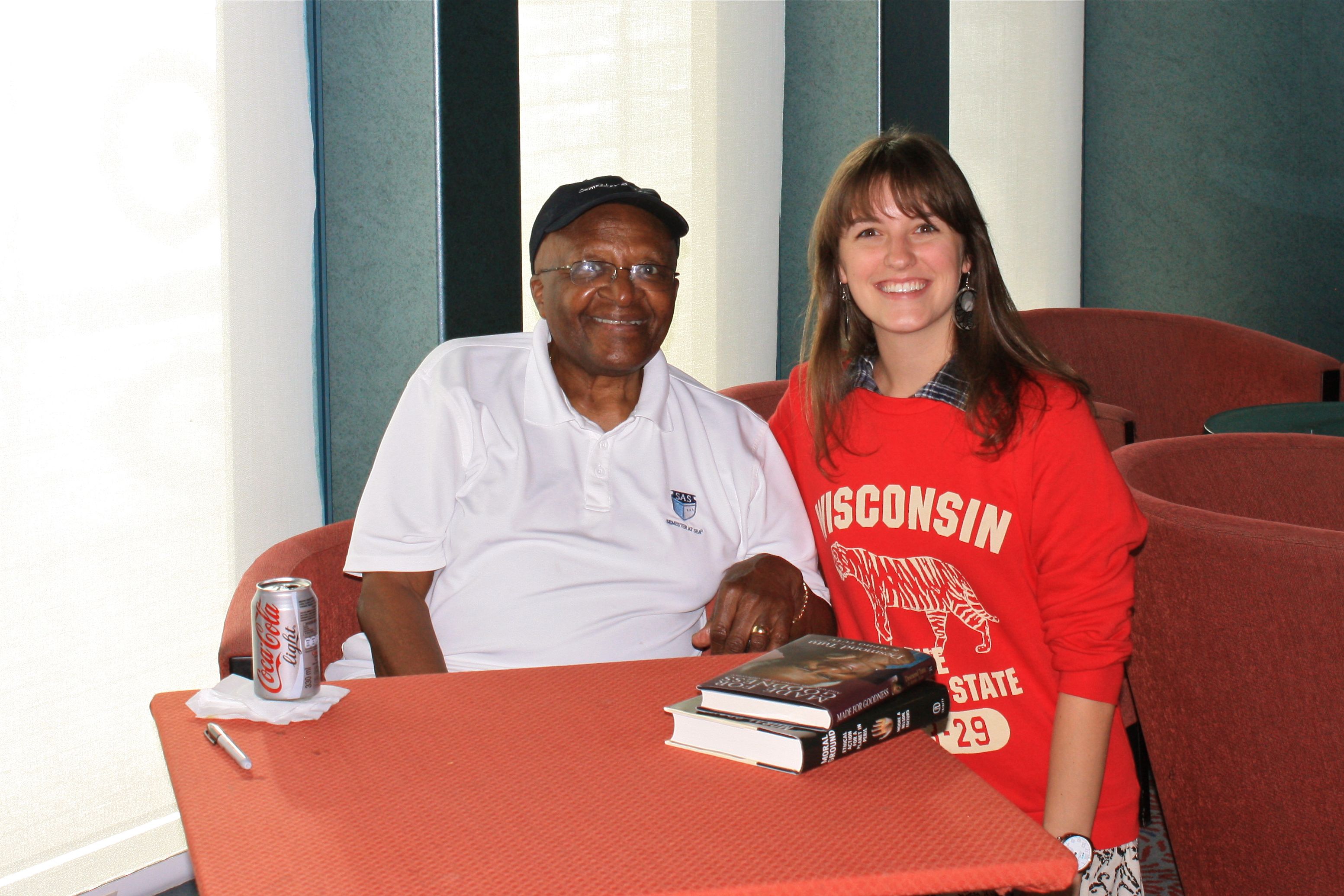 Young White Student with Archbishop Desmond Tutu on Semester at Sea